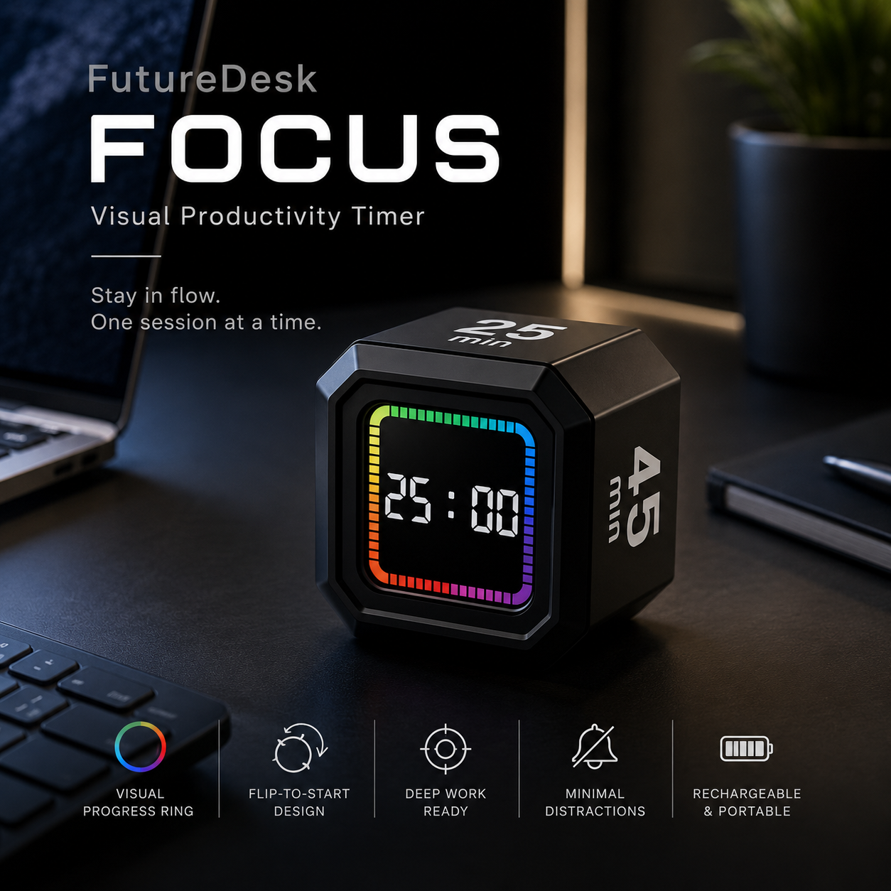 FutureDesk Focus | RGB Visual Productivity Timer for Deep Work